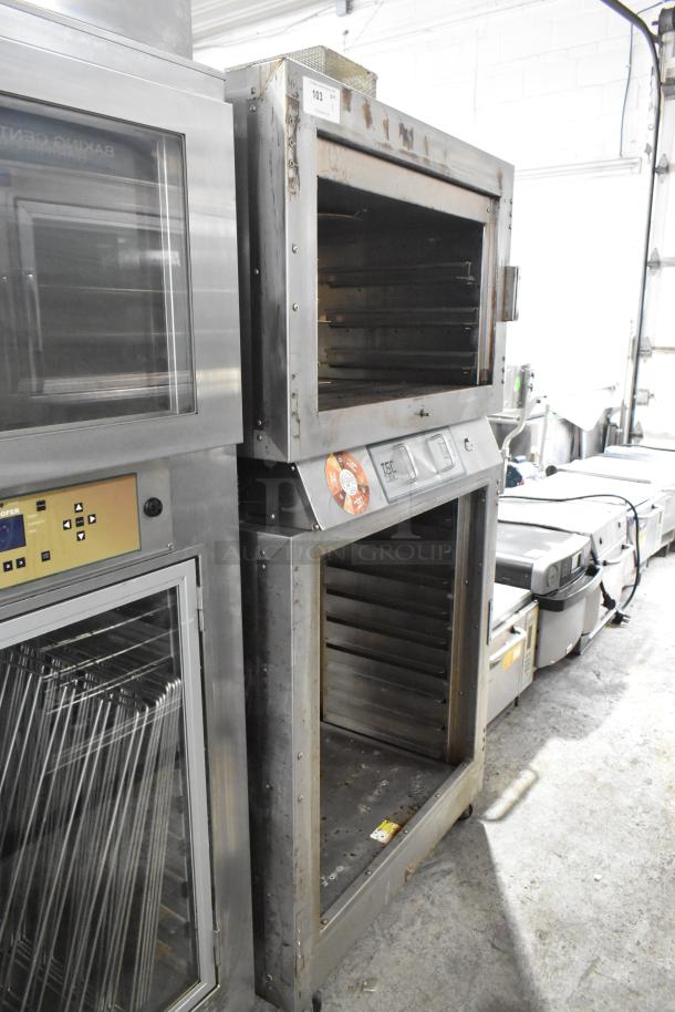 Duke TSC-6/18 stainless steel commercial oven proofer on casters. 208V, 3 phase, visible wear, controls display.