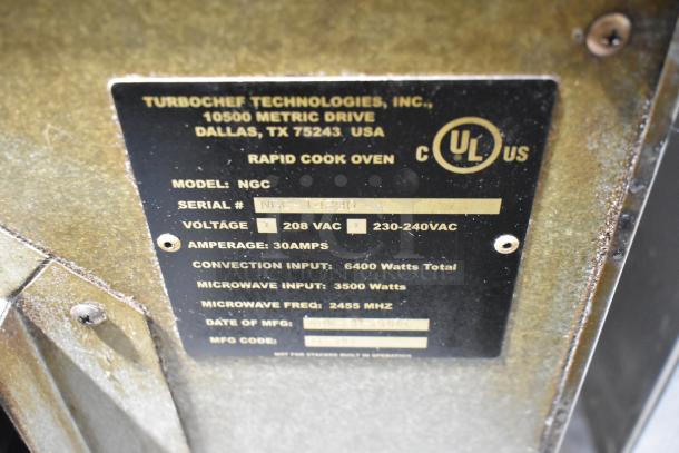 Turbochef NGC Stainless Steel Commercial Oven label, showing model, voltage options, wattage, and certifications.
