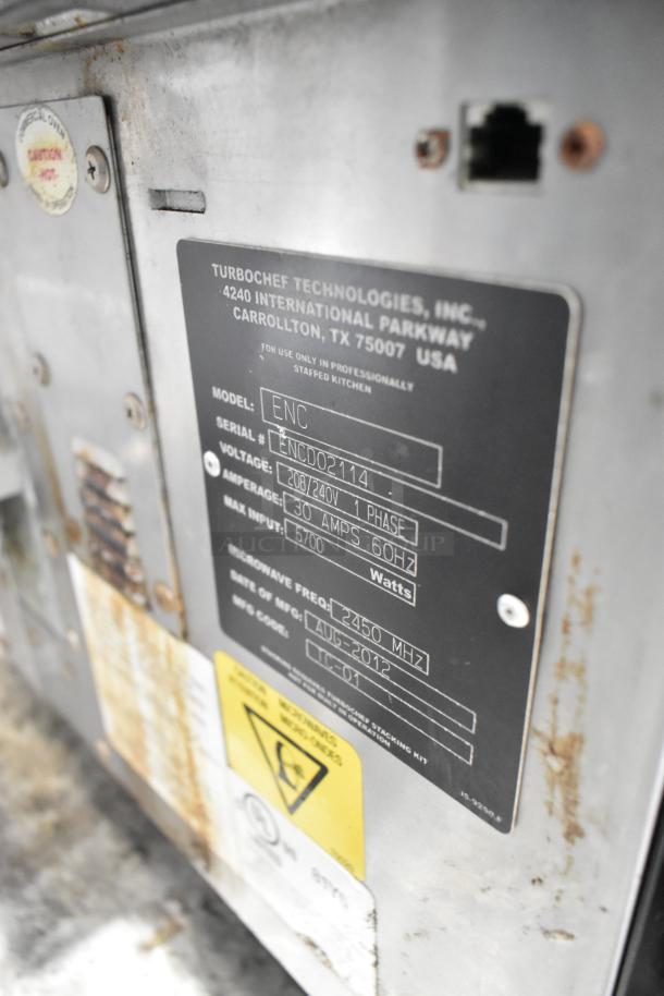 Turbochef ENC Rapid Cook Oven, commercial grade, 208/240V, 1 phase, serial #ENC002114, visible wear. Model info plate shown.