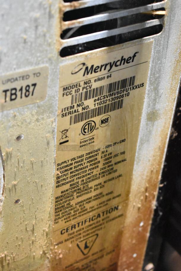 Merrychef eikon e4 electric rapid cook oven label showing model, serial number, and certification details.