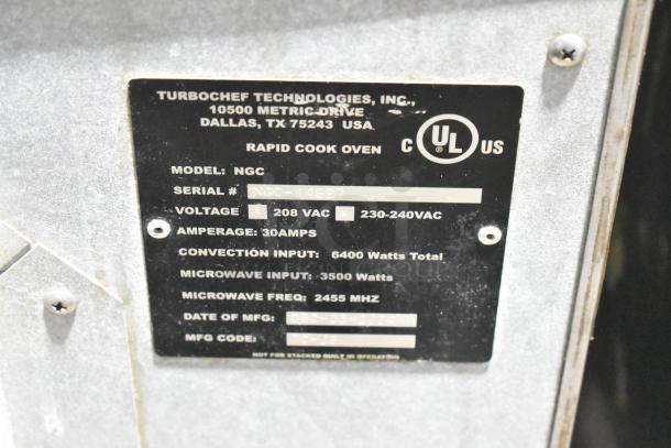 Turbochef NGC Stainless Steel Rapid Cook Oven, commercial countertop, electric, 208/230-240V, 1 phase, model info plaque.