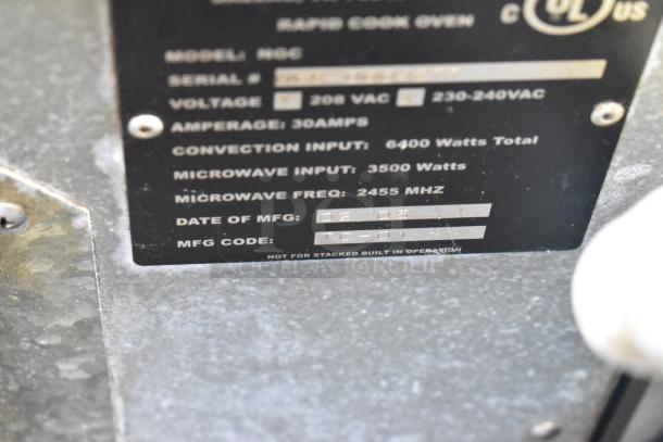 Turbochef NGC stainless steel countertop rapid cook oven label, showing model, voltage, and manufacturing date details.