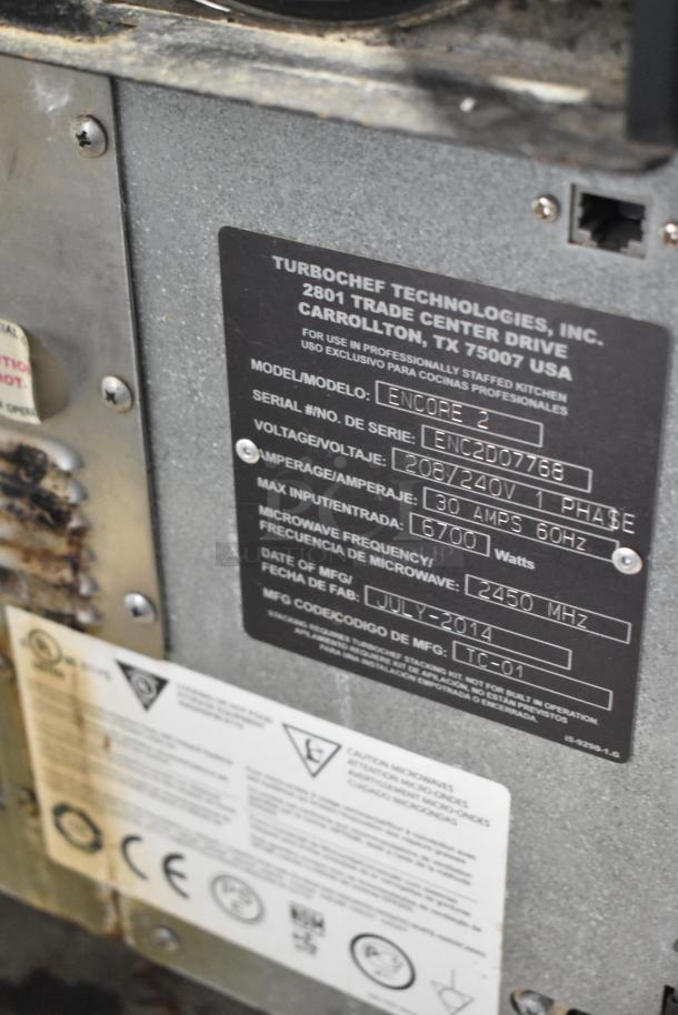 Turbochef Encore 2 rapid cook oven, 208/230-240V, 1 Phase, 6700W, serial ENCD207768, good condition.