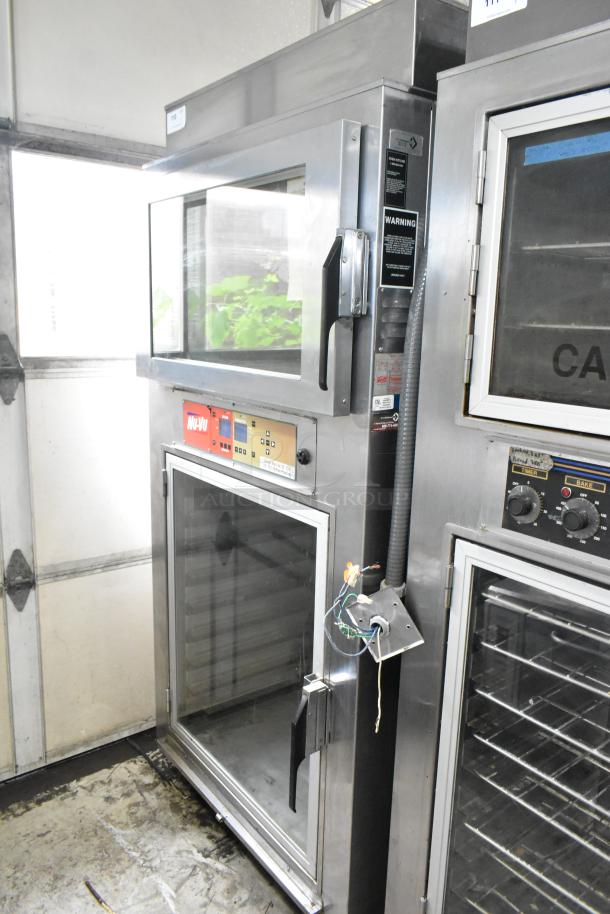Nu Vu SUB-123P stainless steel commercial oven proofer on casters. 208V, 3 phase. Visible control panel and large viewing window.