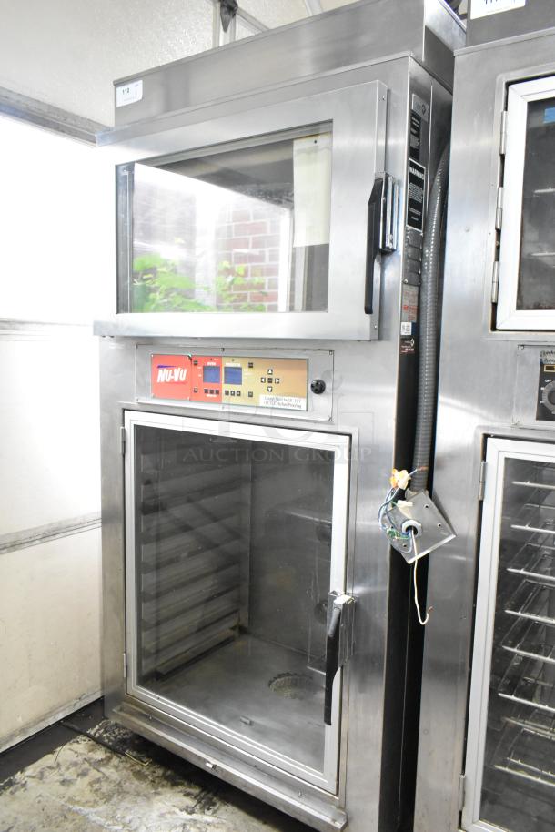 Nu Vu SUB-123P stainless steel commercial oven proofer, floor style, on casters, 208V, 3-phase, control panel visible.