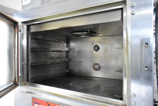 Nu Vu SUB-123P stainless steel commercial oven proofer with shelves, interior view, on casters, 208V, 3 phase.