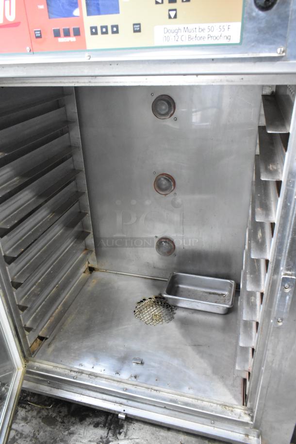 Nu Vu SUB-123P stainless steel commercial oven proofer, 208V, 3 phase, on casters, interior view, gauge panel, minor wear.