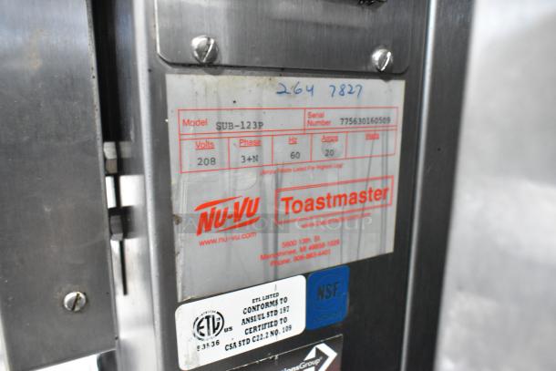 Nu Vu SUB-123P stainless steel oven proofer, model and spec label shown. 208V, 3 phase, on commercial casters.