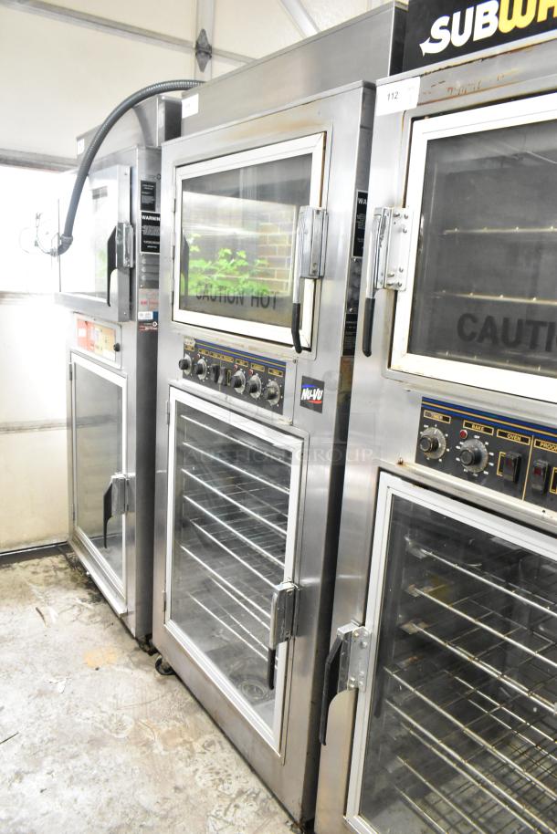 Nu Vu SUB-123 stainless steel commercial oven proofer on casters, 208V, 3-phase, with control dials and clear doors.