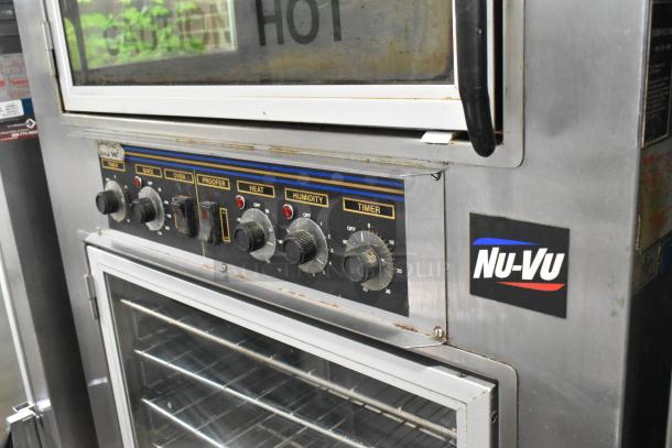 Nu Vu SUB-123 stainless steel commercial oven proofer with controls, 208V, 3 phase, on casters, visible brand logo.