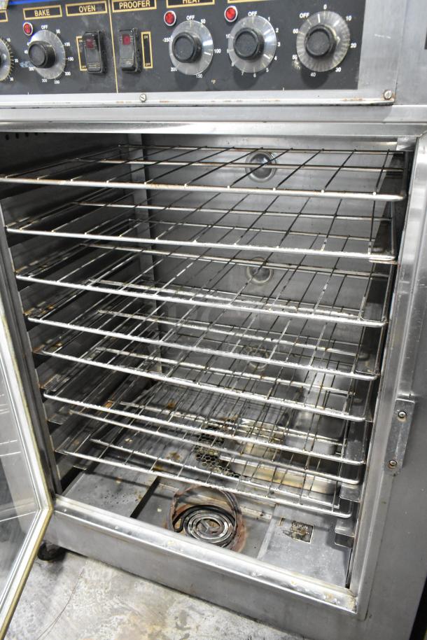 Nu Vu SUB-123 stainless steel commercial oven proofer with adjustable knobs, multiple shelves, and commercial casters. 208V, 3-phase.