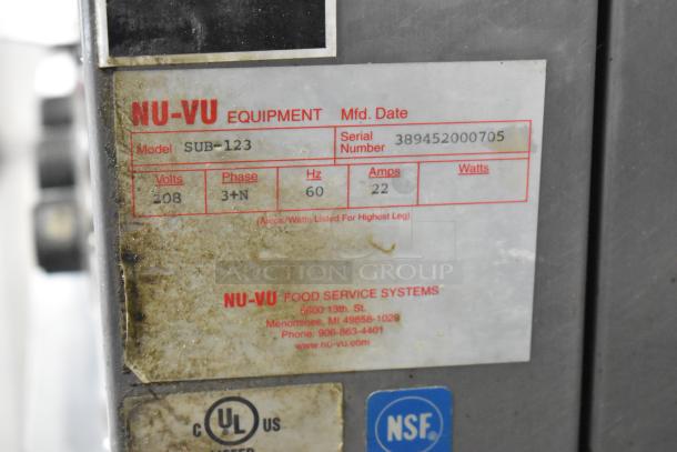 Nu Vu SUB-123 stainless steel commercial oven proofer on casters, 208V, 3-phase; NSF and UL certified label visible.