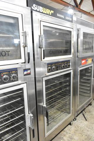 Nu Vu SUB-123 stainless steel commercial oven proofer on casters, 120/208V, 3 phase, with visibility panels and control knobs.