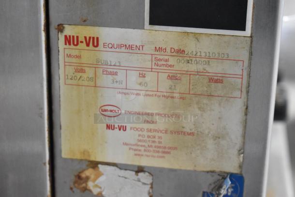 Nu Vu SUB-123 stainless steel oven proofer, model label showing 120/208 volts, 3 phase, 21 amps. On commercial casters.