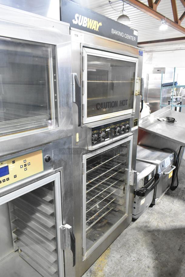 Nu Vu SUB-123 stainless steel commercial oven proofer with controls, glass doors, on casters. 208V, 3 phase. Contains signage.