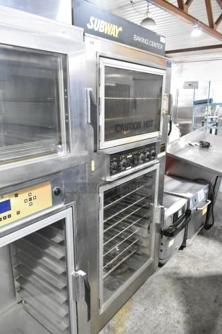 Nu Vu SUB-123 stainless steel commercial oven proofer with controls, glass doors, on casters. 208V, 3 phase. Contains signage.