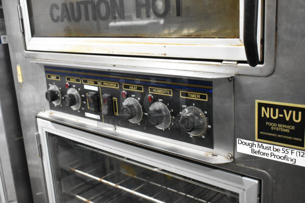 Nu Vu SUB-123 commercial stainless steel oven proofer, 208V, 3 phase, on casters. Control panel with dials and "Caution Hot" sign.