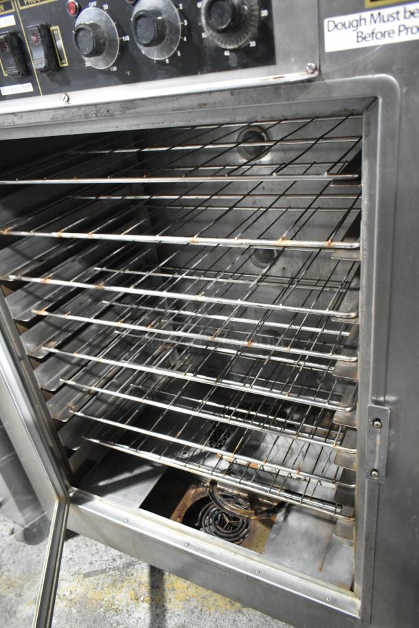 Nu Vu SUB-123 commercial stainless steel oven proofer, 208V, 3-phase, floor style on casters, visible racks.