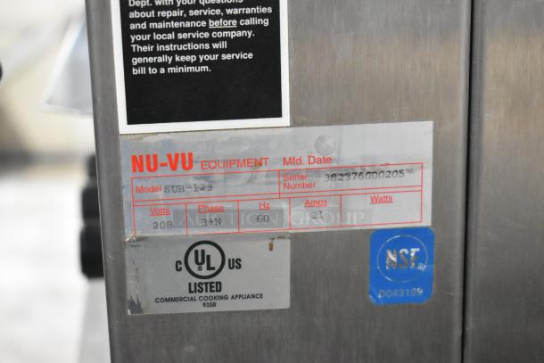 Nu Vu SUB-123 stainless steel commercial oven proofer with casters, 208V, 3 phase, model and UL listed. Serial: 382376000205.