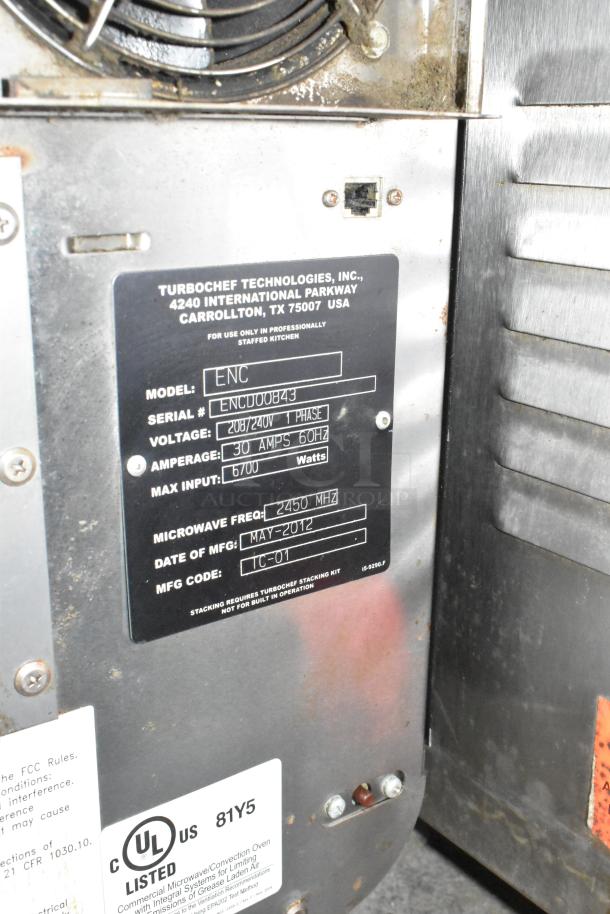 Turbochef ENC Rapid Cook Oven, metal, commercial countertop, electric, 208/240V, 1 phase, label shows specs and model.
