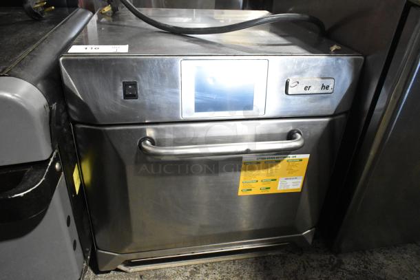 Merrychef eikon e4 stainless steel rapid cook oven, 208/240V, single phase, with control panel and labeled settings guide.