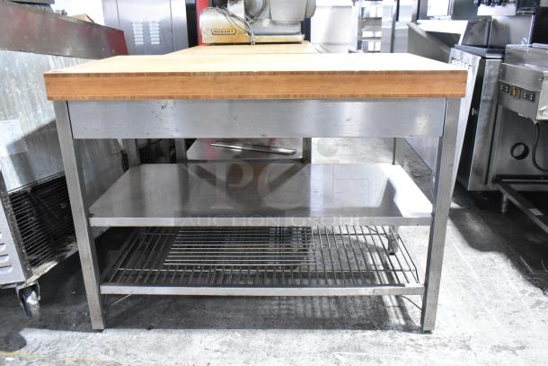Wooden Butcher Block Table w/ 2 Under Shelves. - Image 2 of 3