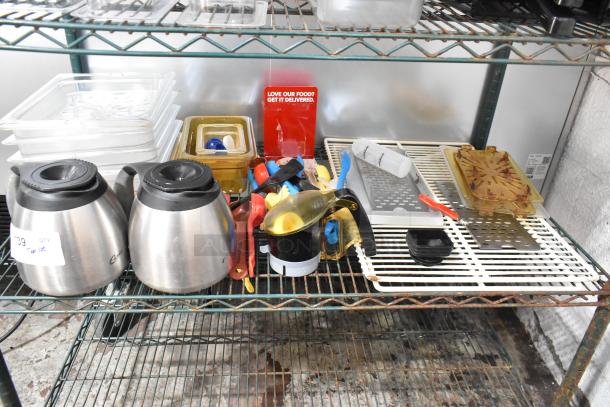 ALL ONE MONEY! Tier Lot of Various Items Including 2 Metal Coffee Pots, Poly Coated Racks, Poly Drop In Bins - Image 1 of 9