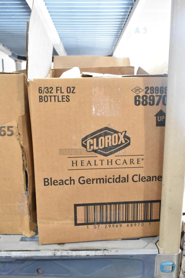 Box of Clorox Healthcare Bleach Germicidal Cleaner, 6/32 fl oz bottles, UPC 29969 68970, on a shelf.