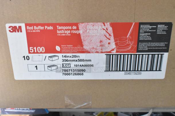 Box of 3M Red Buffer Pads, model 5100, 14x20in, includes product labels with item details and barcodes.