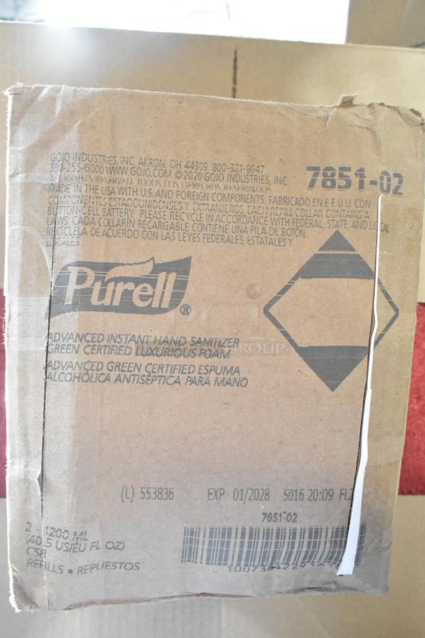 Cardboard box displaying Purell branding and product information for advanced instant hand sanitizer, expiring 01/2028.