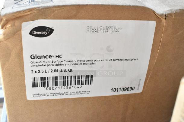 Brown box with label for Diversey Glance HC, glass and multi-surface cleaner, 2 x 2.5L, made in USA, barcode visible.