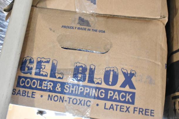 Cardboard box labeled "Gel Blox Cooler & Shipping Pack," marked "Proudly Made in the USA," indicating reusable, non-toxic, latex-free.
