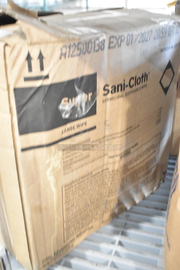 Cardboard box labeled "Sani-Cloth" germicidal wipes, showing an expiration date of January 2022, with visible wear.