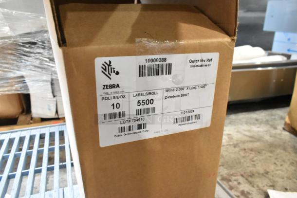 Box of Zebra label rolls, 10 rolls per box, 5500 labels per roll, Z-Perform 2000T, 2"x1" labels.