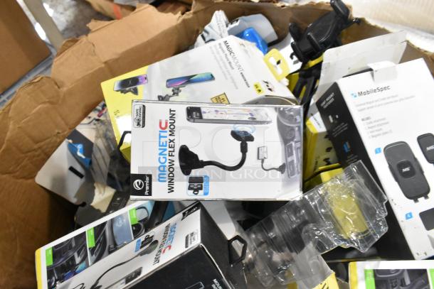 Lot of various phone mounts, including Premier Magnetic Window Flex Mount, in original packaging, mixed condition.