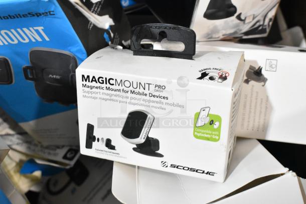 Lot of phone mounts including Scosche MagicMount Pro, new in box, magnetic, compatible with PopSockets.