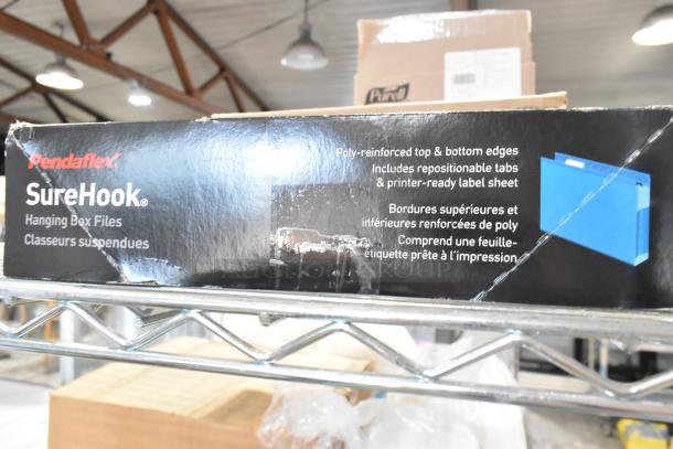 Pendaflex SureHook Hanging Box Files with poly-reinforced edges, repositionable tabs, printer-ready label sheet in original packaging.