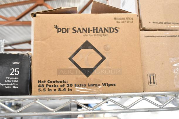 PDI Sani-Hands box with 48 packs of 20 extra-large sanitizing wipes, 5.5 x 8.4 inches, on metal shelf, Reorder No. P71520.