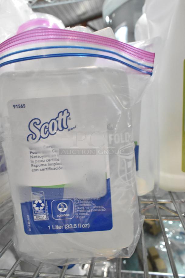 A 1-liter Scott Foam Skin Cleanser bottle, labeled for environmental impact, on a shelf in a Ziploc bag.