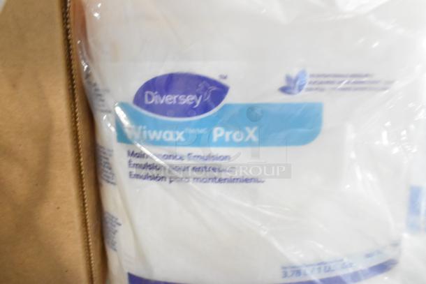 Diversey Wiwax ProX maintenance emulsion, sealed pack, 3.78L, shown in cardboard box.