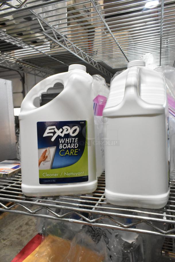 Alt text: Expo White Board Care cleaner, 1-gallon jug, on metal shelf. Includes various items like CB antenna, CaviWipes, Diversey dry wipes.