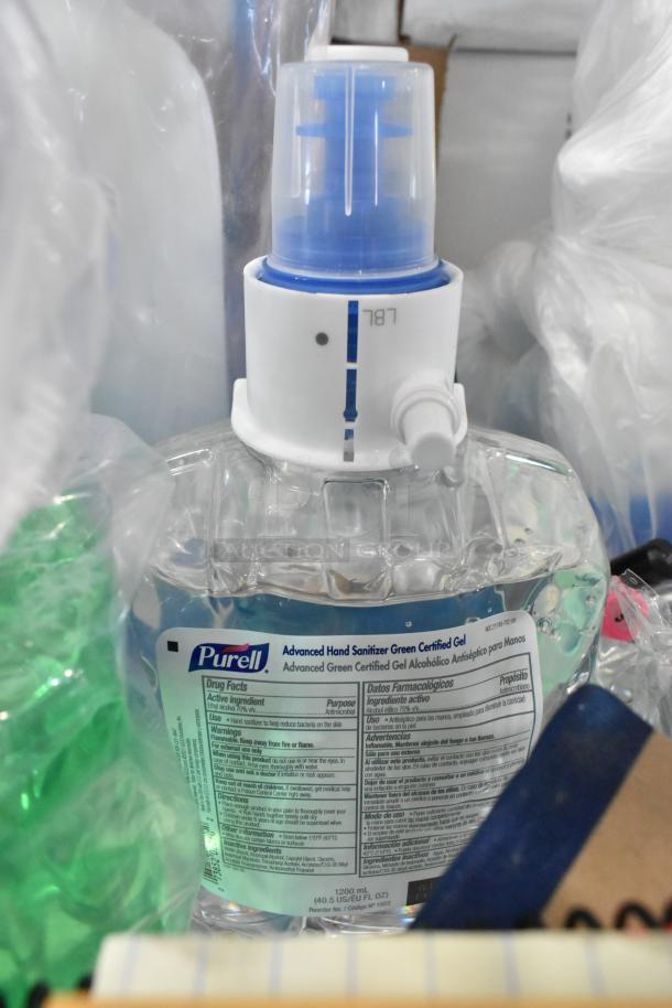 Purell hand sanitizer, advanced green certified gel, 1200 ml bottle, labeled with usage and ingredient information.
