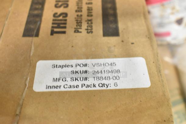 ALL ONE MONEY! tier lot box with label showing Staples PO# VSHO45, SKU# 24419498, MFG. SKU# 18848-00, Qty: 6.