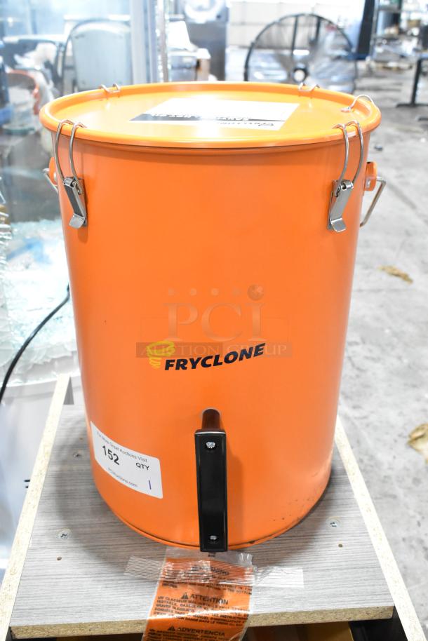 BRAND NEW Fryclone 259FOPN6GL 6.5 Gallon Orange Utility Oil Pail, minor scratches, clamp lid, model label visible.
