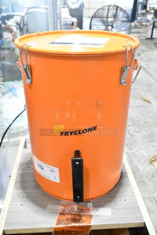 BRAND NEW Fryclone 259FOPN6GL 6.5 Gallon Orange Utility Oil Pail, minor scratches, clamp lid, model label visible.