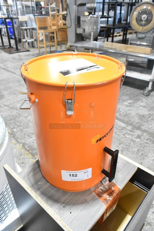 Brand new Fryclone 259FOPN6GL 6.5-gallon orange utility oil pail. Includes lid clamps, minor scratches, and dents. Lot number 152.