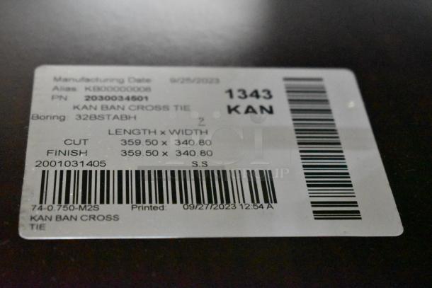 Label on wood pattern 2-drawer unit, marked "BRAND NEW SCRATCH AND DENT," dimensions 359.50 x 340.80.