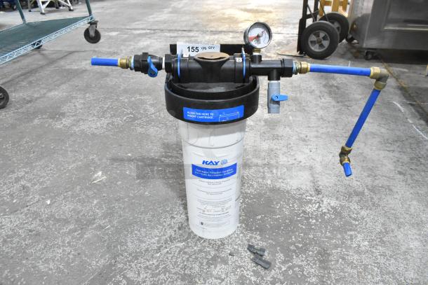 Ecolab Water Filtration System with pressure gauge and blue tubing, featuring Kay water filtration cartridge. Good condition.
