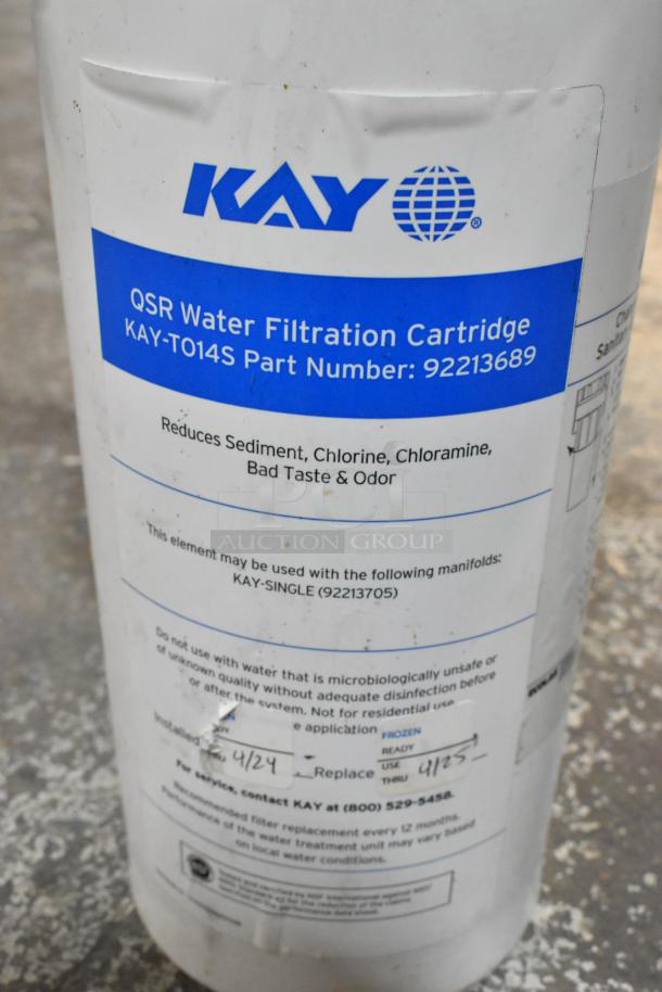 Ecolab KAY-T014S water filtration cartridge, reduces sediment, chlorine, chloramine. Part number 92213689, replace by 4/24.