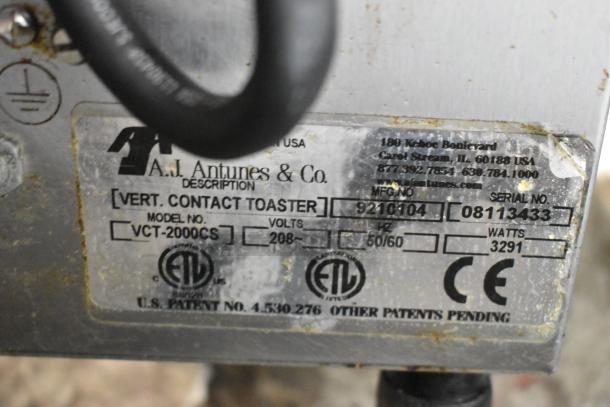 Roundup VCT-2000CS stainless steel commercial toaster label, 208V, 1 phase, 3291 watts, serial 08113433.